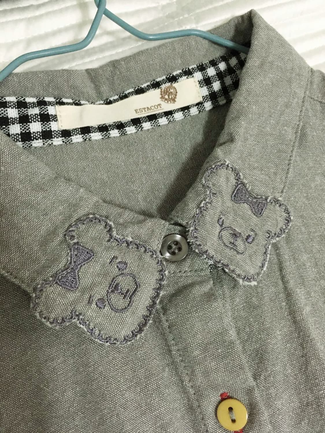 빈티지 모리걸 곰돌이자수 물고기단추 그레이 셔츠 블라우스 루즈핏 원피스 상품이미지1