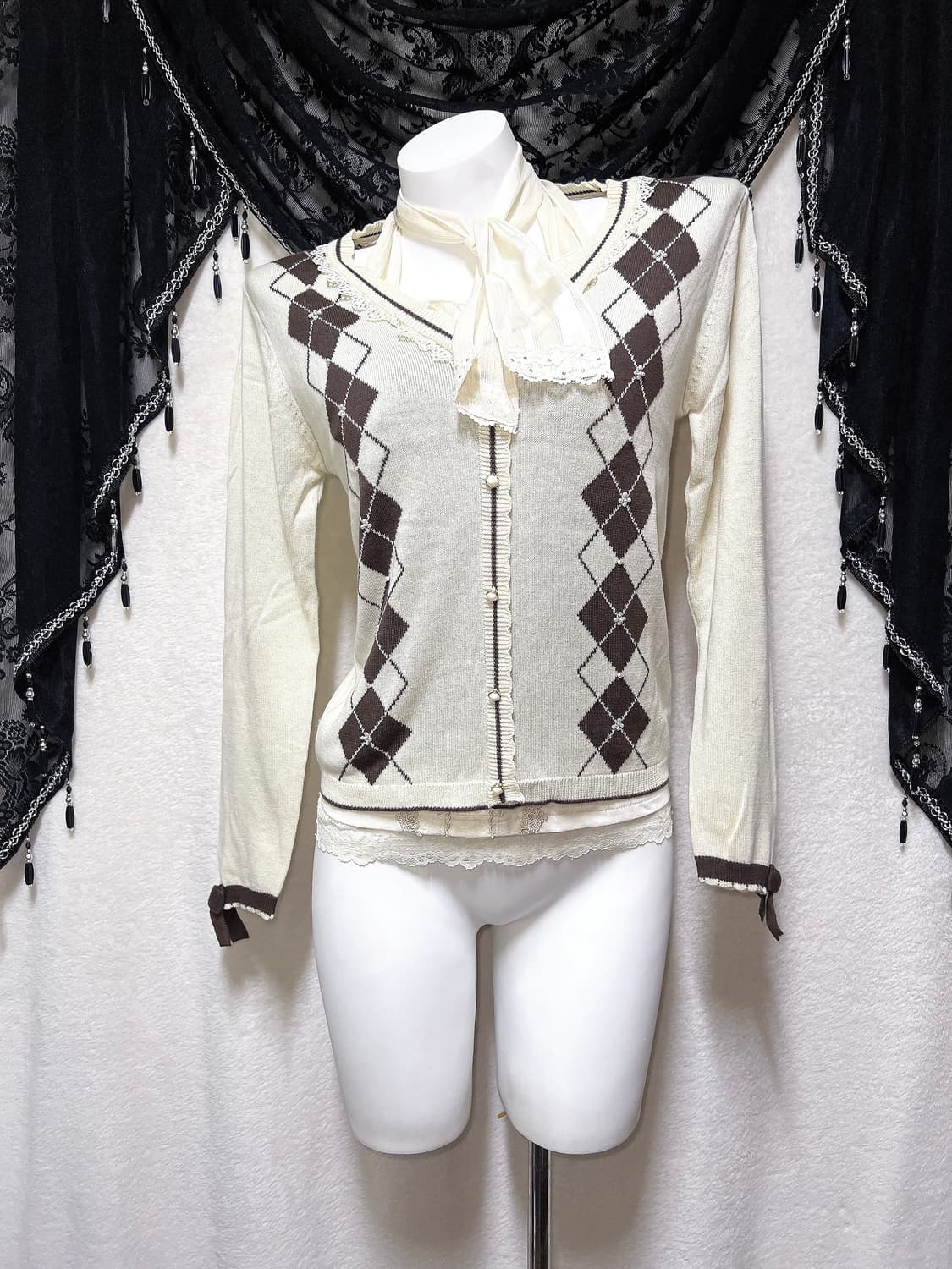 엑시즈팜 아가일 레이스 진주 리본 라떼갸루 로걀탑 니트 러블리 핀터 모리 상품이미지6