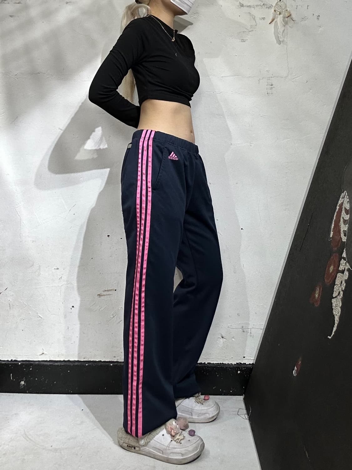 00s 아디다스 와이드 네이비 핑크 삼선 스몰 로고 트레이닝 팬츠 M 상품이미지1