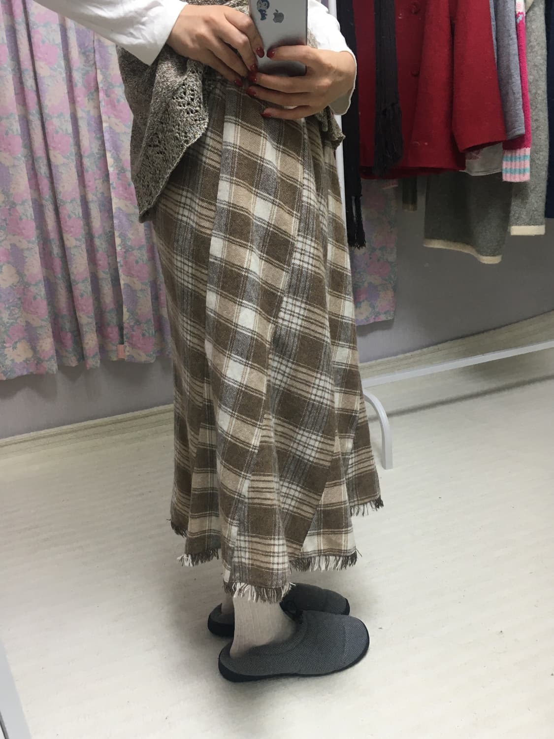 베이지 체크 울 스커트 상품이미지4