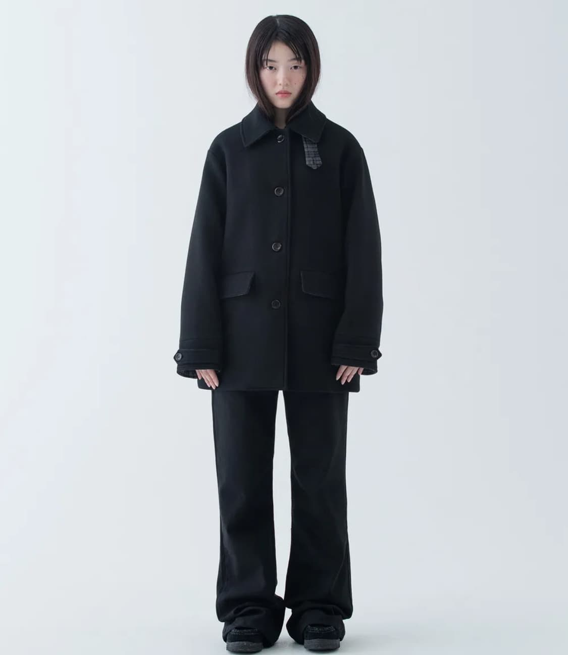 오헤시오 체크 하프 울 코트 블랙 상품이미지2