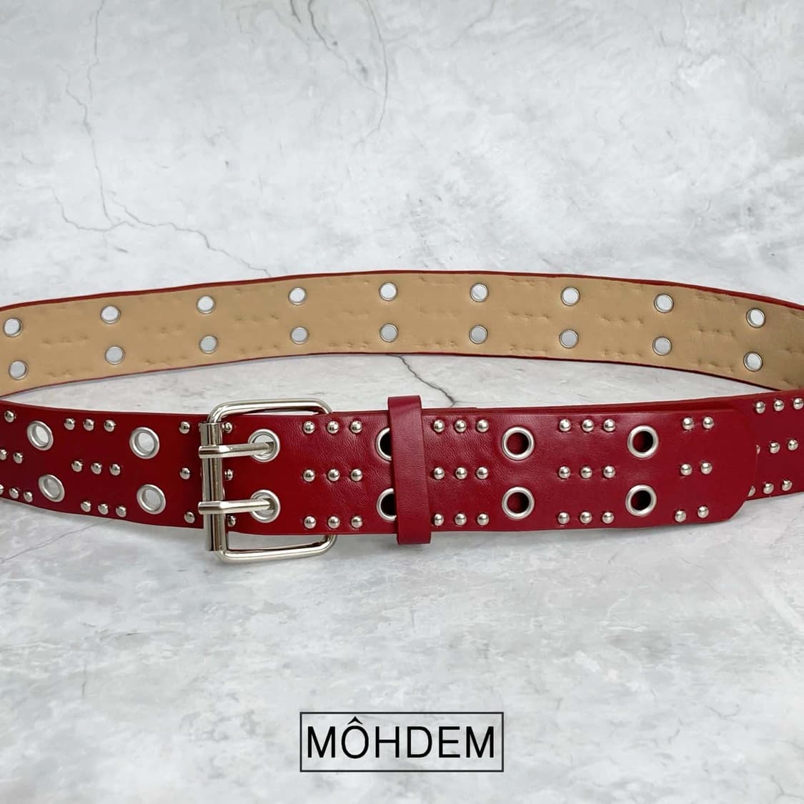[Unisex] y2k 스터드 아일렛 가죽 벨트 레드 상품이미지8