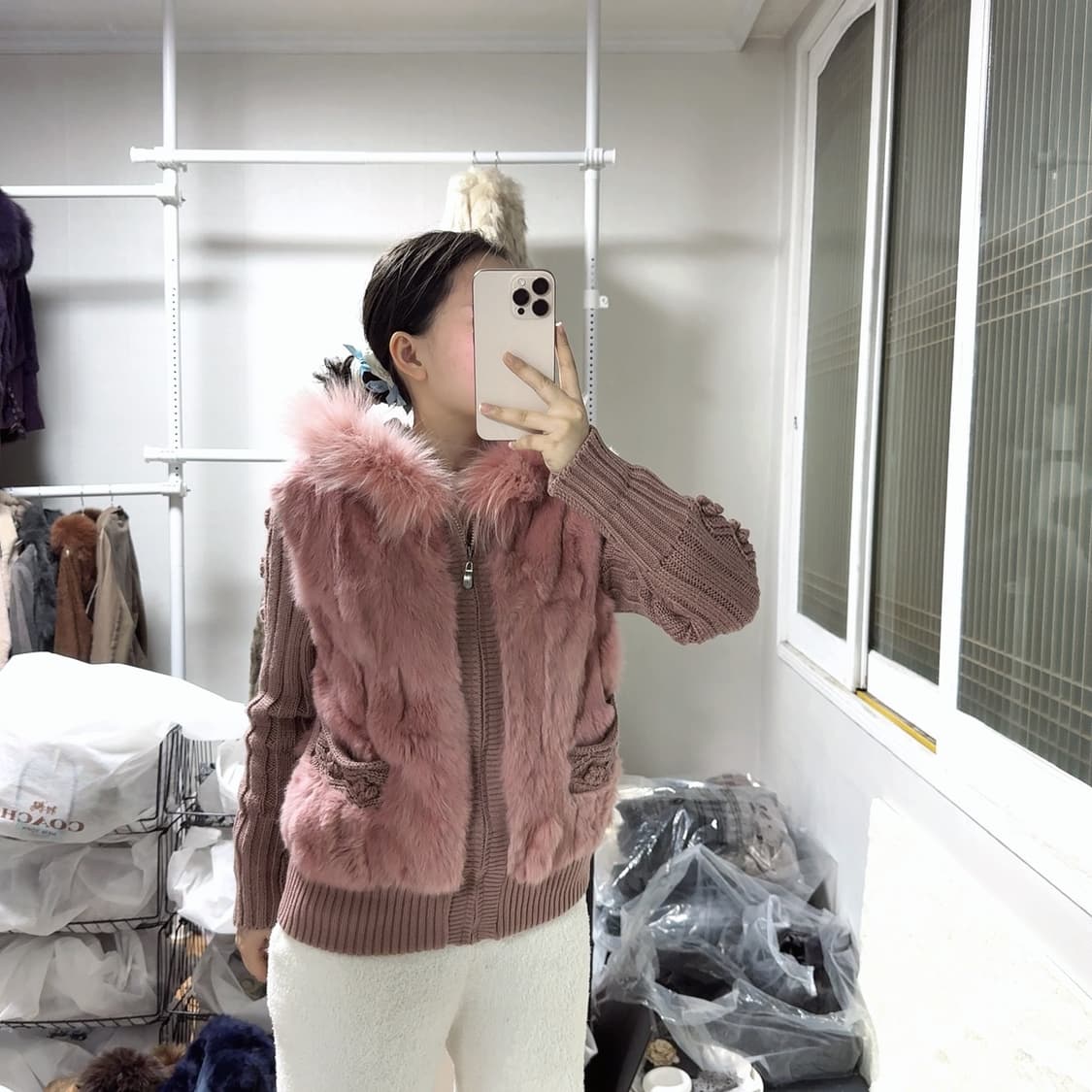 빈티지 연한 핑크 폭스퍼 후드 토끼털 니트자켓  후드집업 상품이미지7