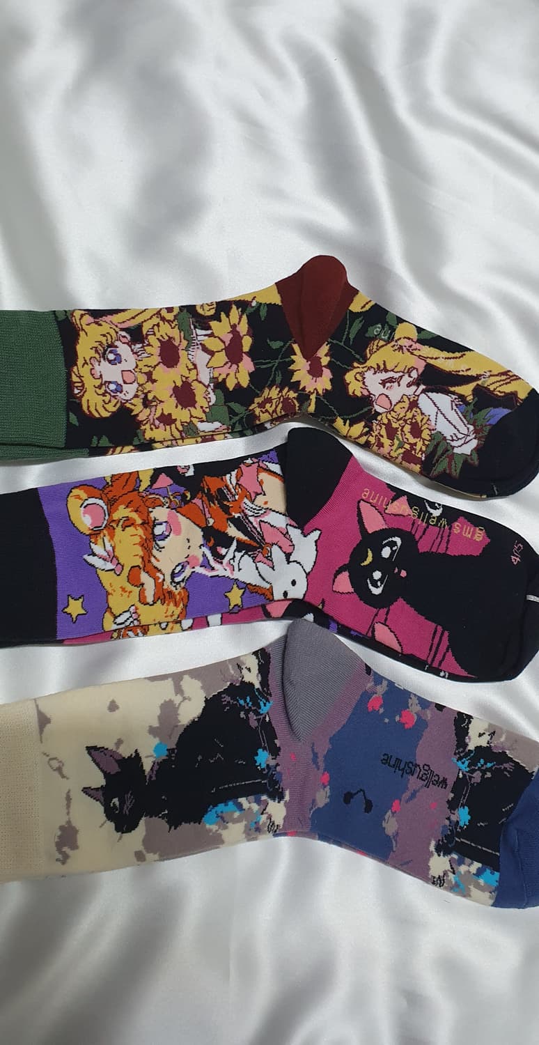 그린 크림베이지 퍼플핑크 해바라기 고양이 소녀 양말 상품이미지7