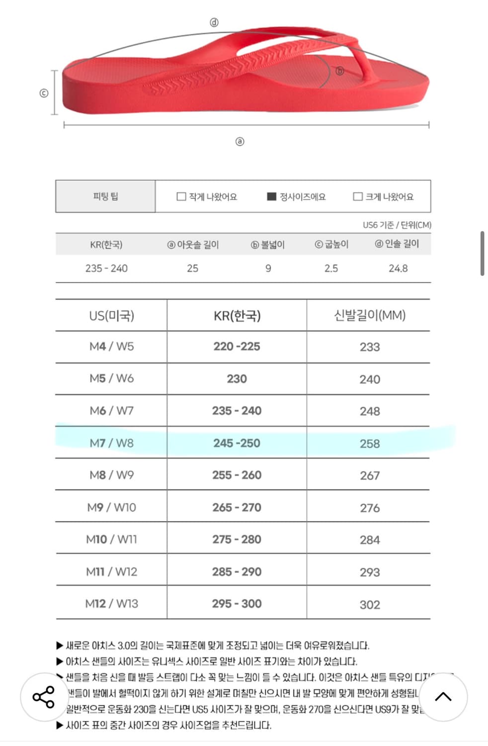 아치스 쪼리 플립플랍 코랄 m7w8 245-250 새상품 상품이미지7