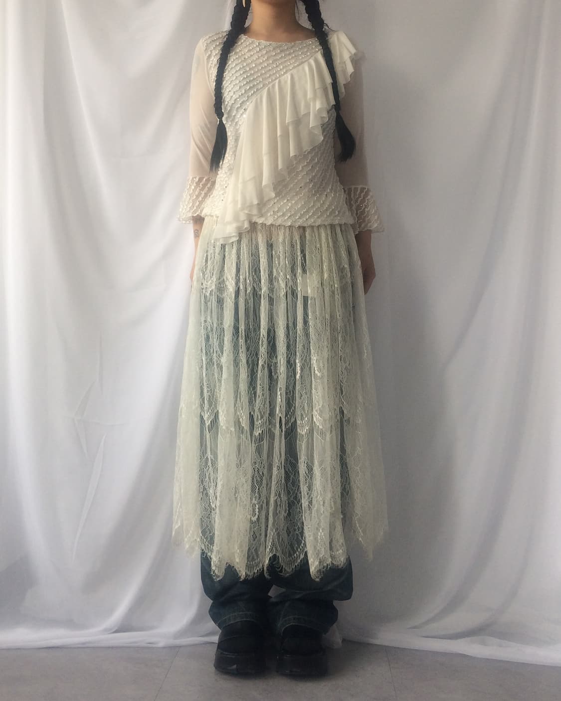 Frill beads point mesh sleeve 상품이미지1