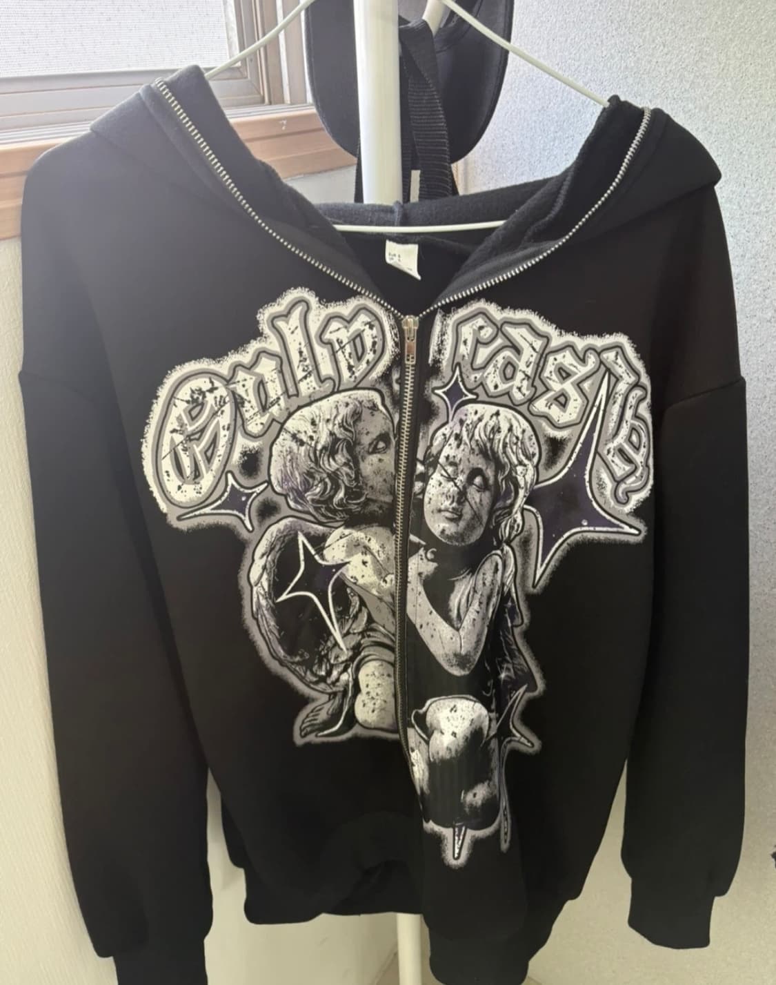 y2k 빈티지 펑크 블랙 검정 천사 프린팅 후드집업 상품이미지1