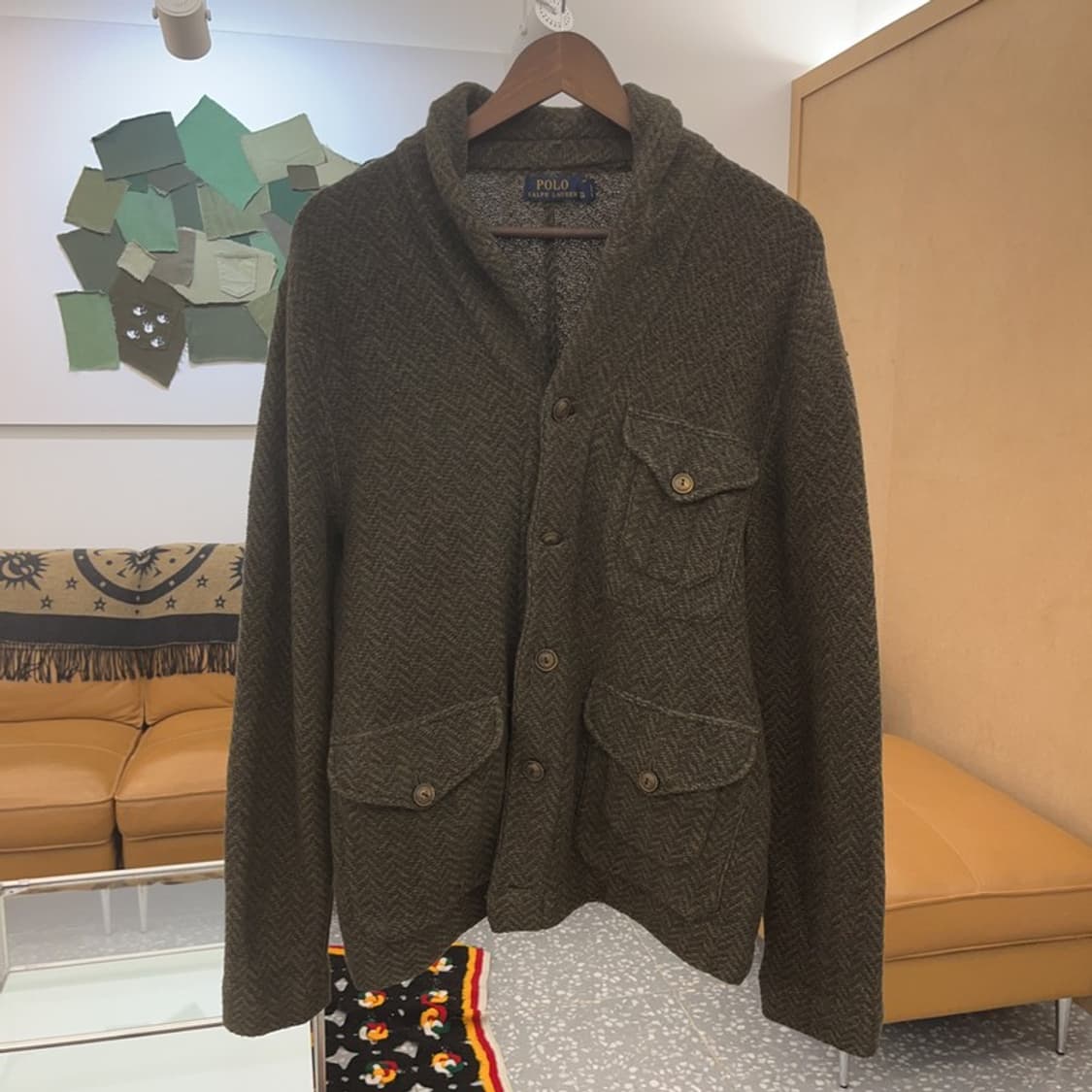 폴로 랄프로렌 헤링본 숄카라 올리브 그린 울 가디건 M C06499 상품이미지3