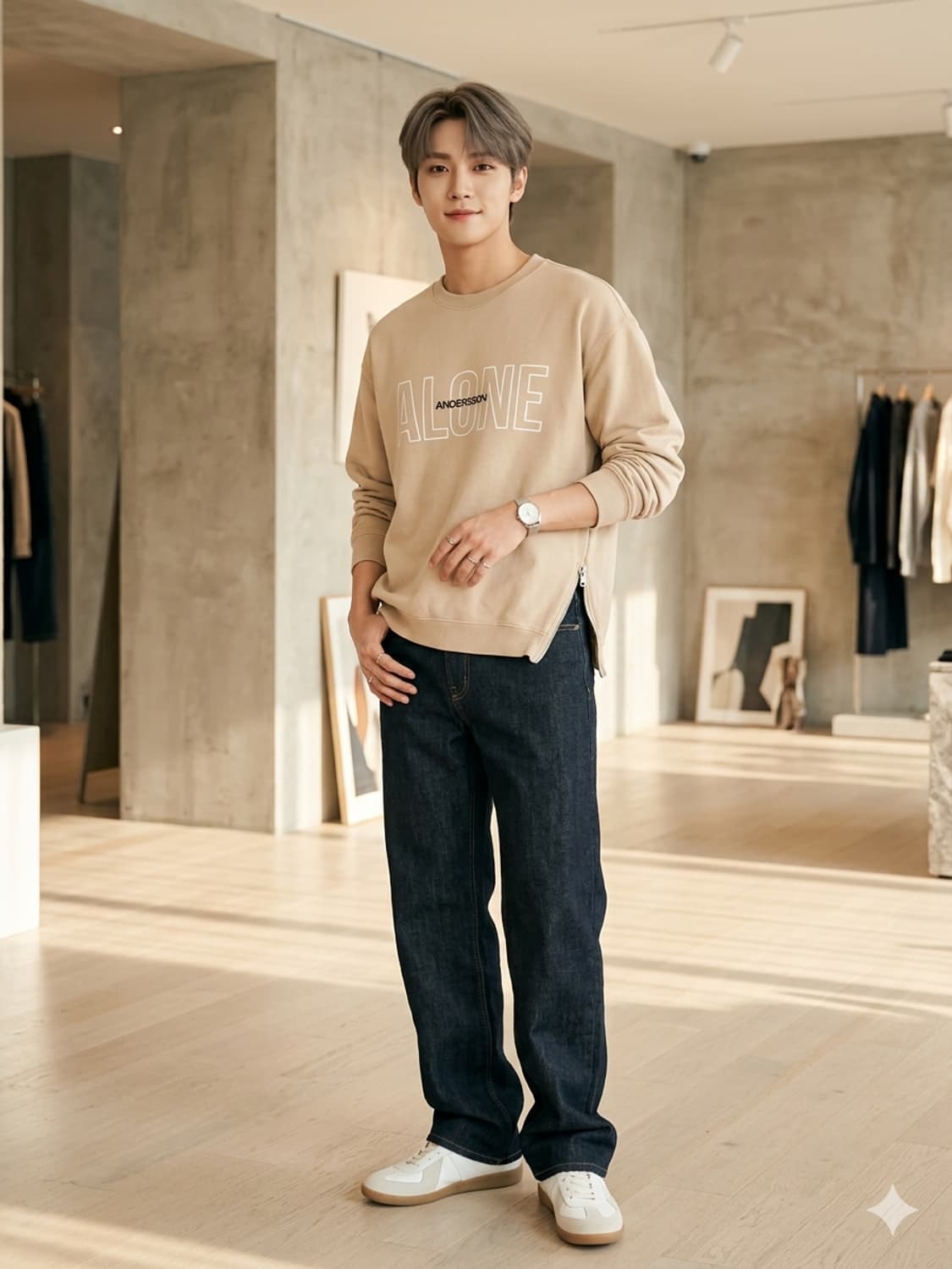 앤더슨벨 ALONE 레터링 사이드 지퍼 맨투맨 베이지 상품이미지1