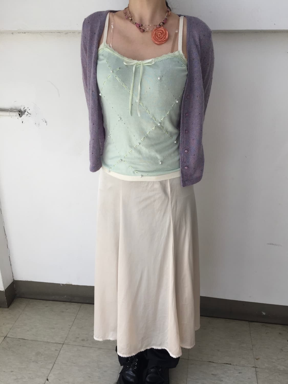 USA Vintage 갸루 란제리 새틴 레이스 슬립 맥시스커트 상품이미지2
