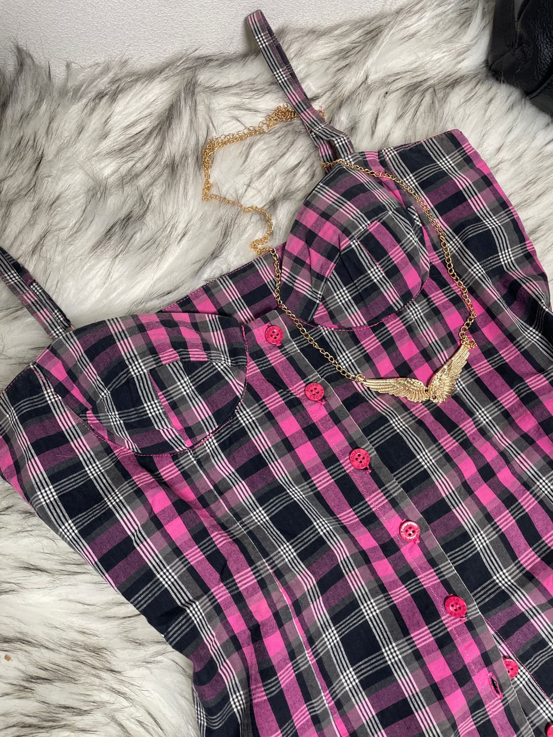 키치 펑크 핑크 체크 슬리브리스 상품이미지2