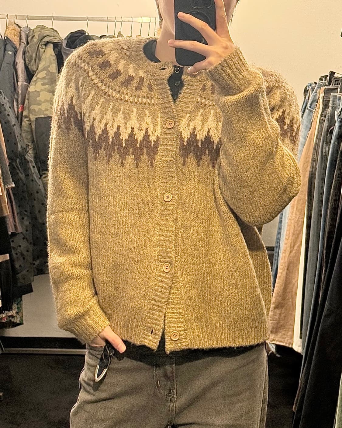 파르티멘토 노르딕 패턴 눈꽃 자카드 베이지 브라운 갈색 가디건 M 95 상품이미지1