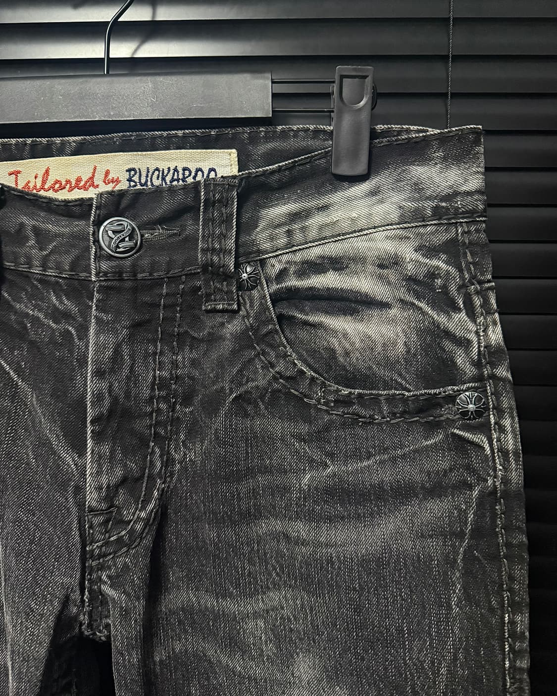 버커루 흑청 워싱 데님 팬츠 30 크롬 십자가 찡 스터드 락 고스 펑크 상품이미지3