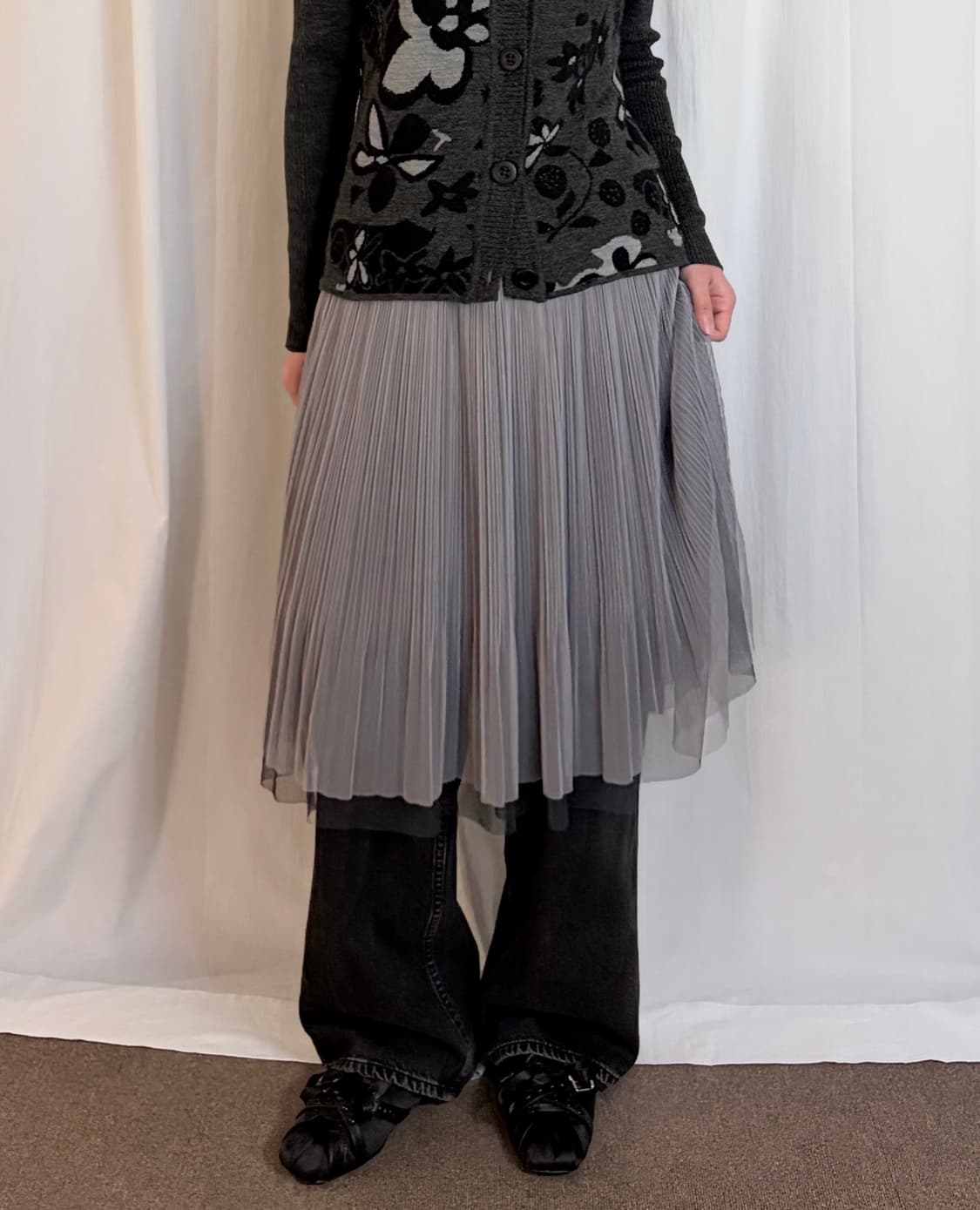 Layered Sheer Pleated Skirt – Purple Gre 상품이미지1