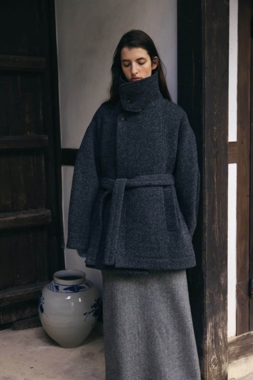 rrace 레이스 퍼넬넥 하프 코트 차콜 상품이미지4