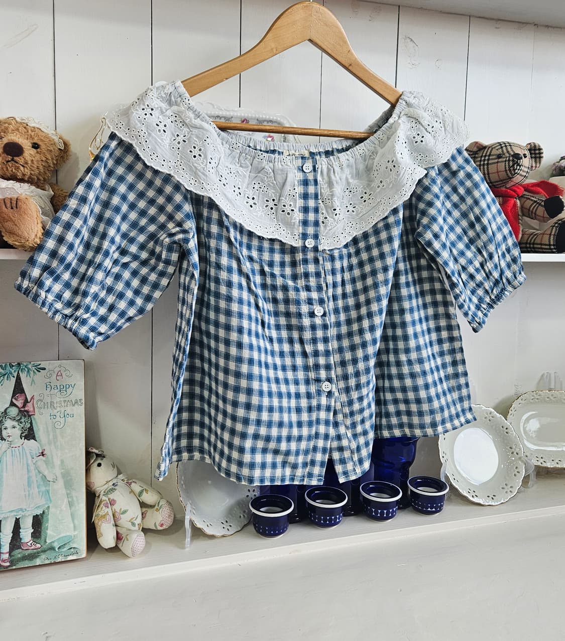 체크 레이스 오프숄더 블라우스 상품이미지2