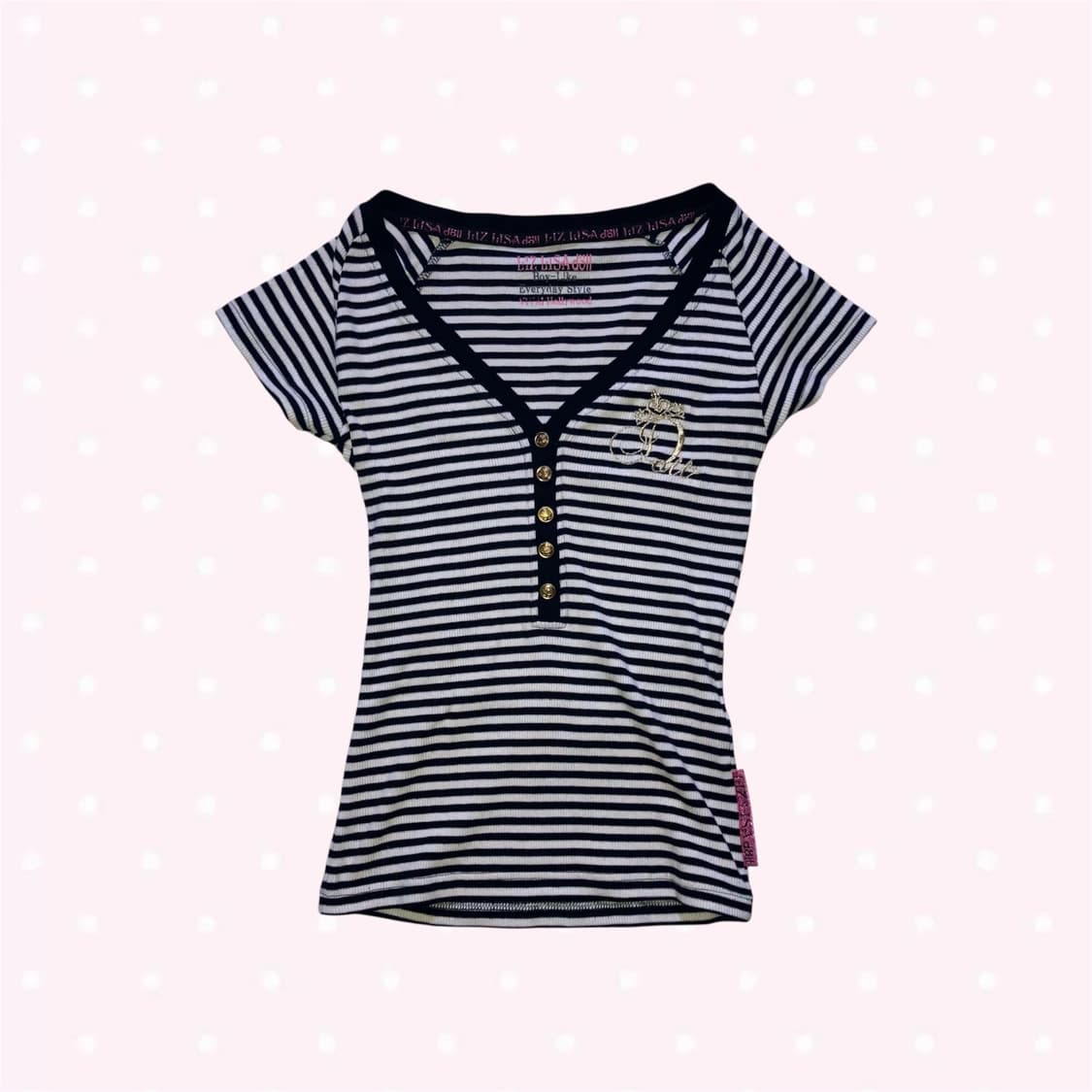 리즈리사 LIZ LISA 스트라이프 금장 버튼 로고 갸루 반팔 상품이미지1