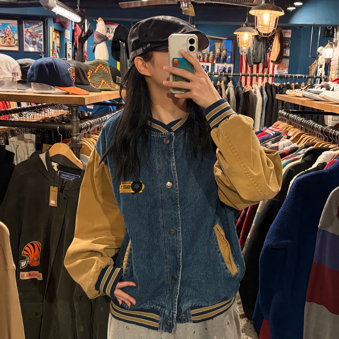 port 빈티지 자수 데님 바시티 점퍼 상품이미지1