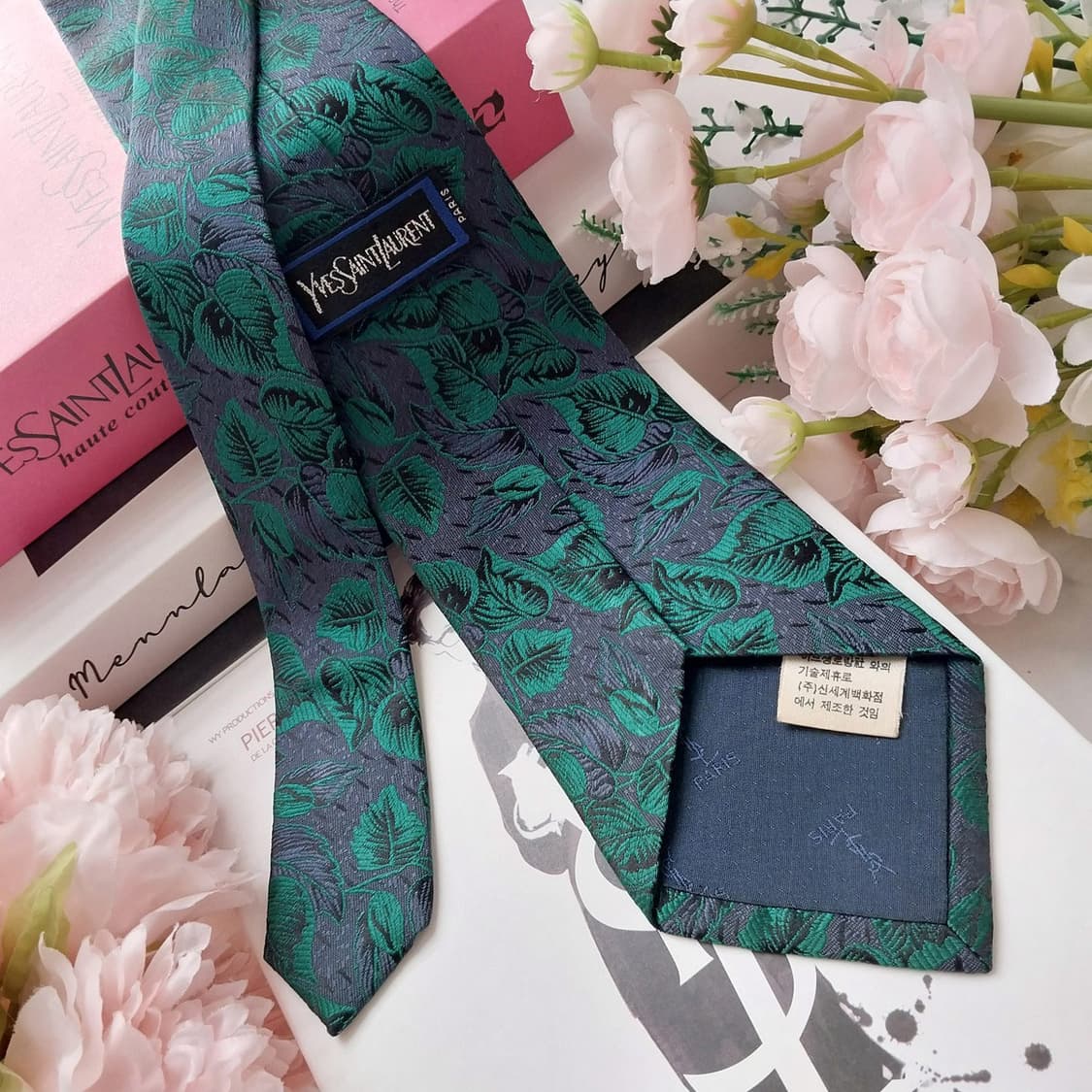 입생로랑 실크 그린 리프 자수 넥타이 8.7cm A+등급 K1268
 상품이미지5