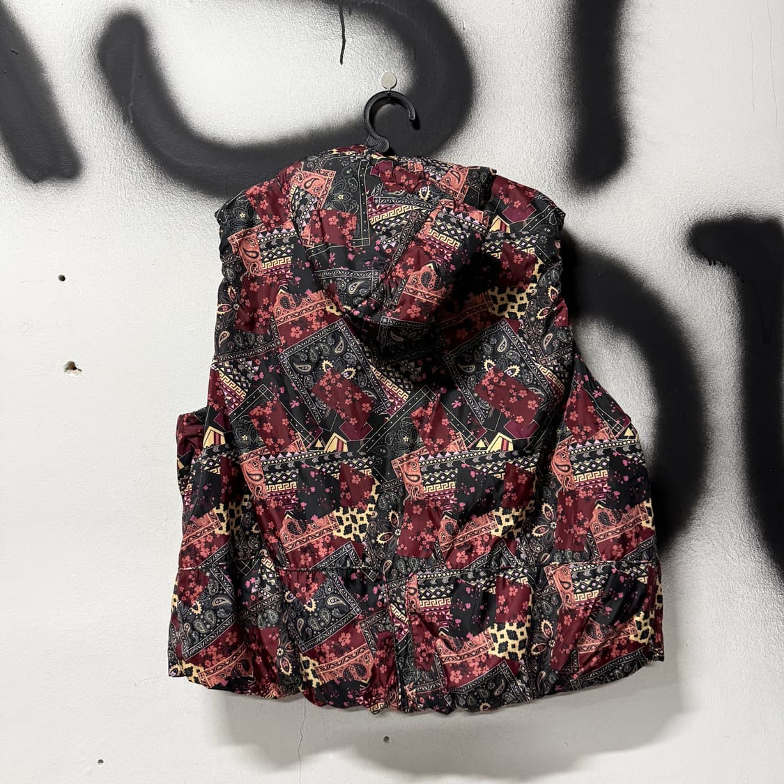 VTG 빈티지 오리엔탈 에스닉 사쿠라 페이즐리 패치 후드 플리스 베스트 상품이미지2