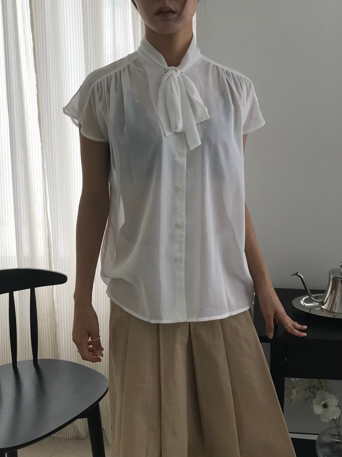 Ribbon tie sheer blouse 상품이미지2