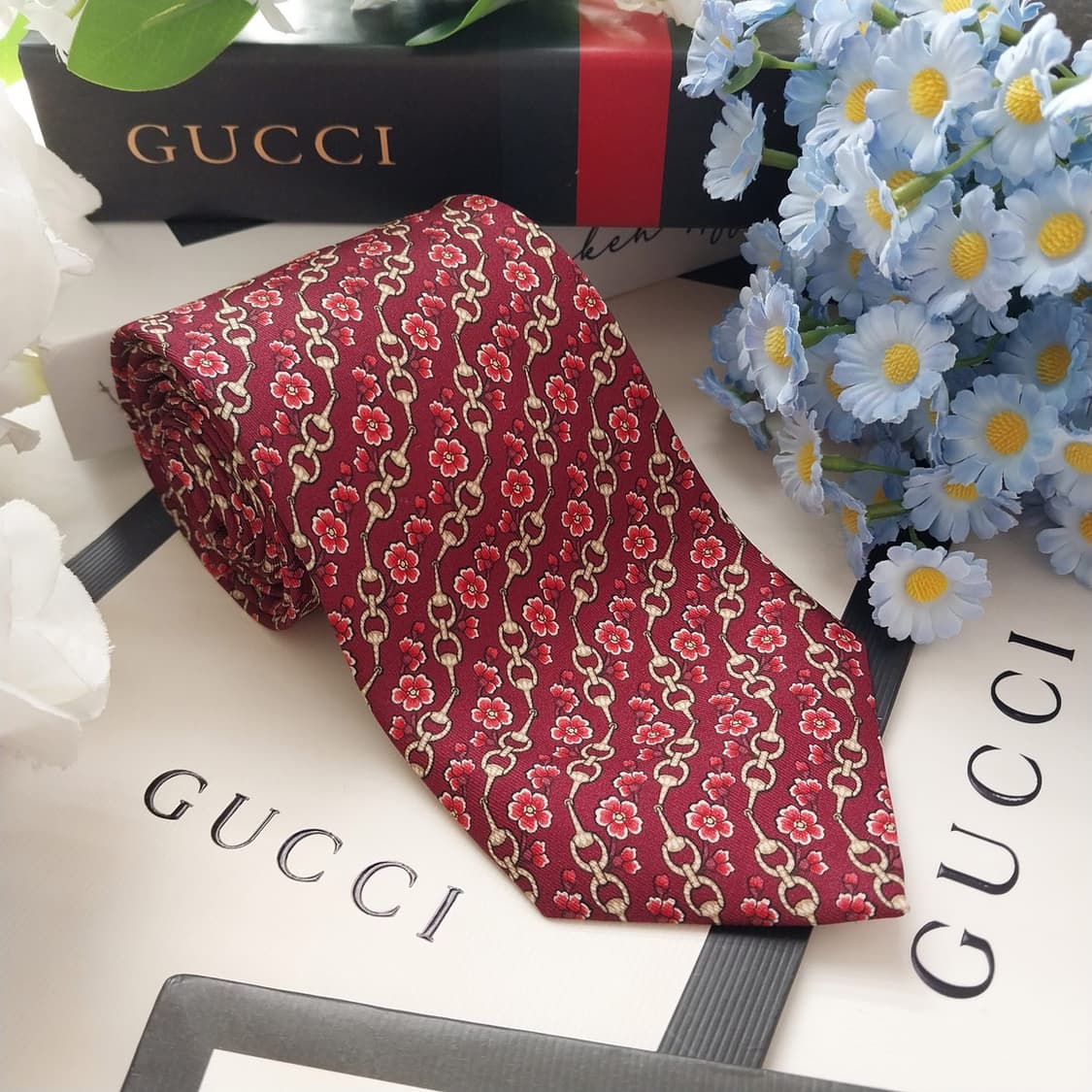 구찌 실크 와인 홀스빗&플라워 패턴 넥타이 8.4cm A+등급 K1823 상품이미지1