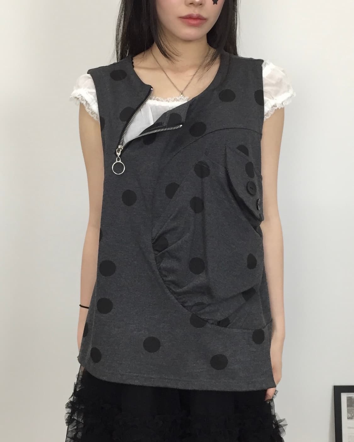 Jpn Asymmetric Polka Dot Sleeveless Top 상품이미지3