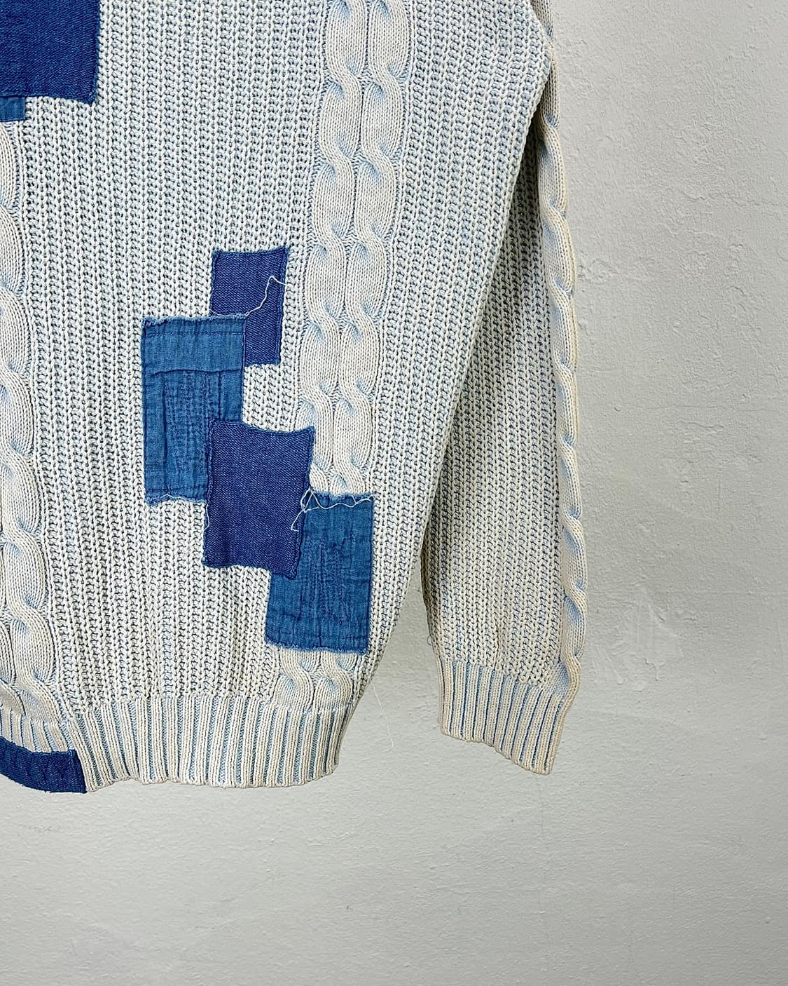 재패니즈 빈티지 인디고 워시드 패치워크 케이블 니트 스웨터 상품이미지5