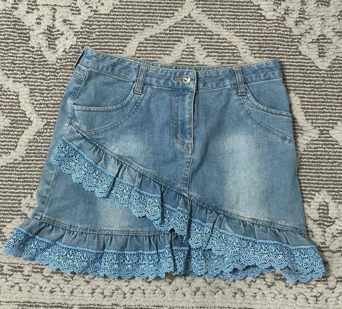 모리걸 히메갸루 사선레이스 연청 데님스커트 상품이미지1