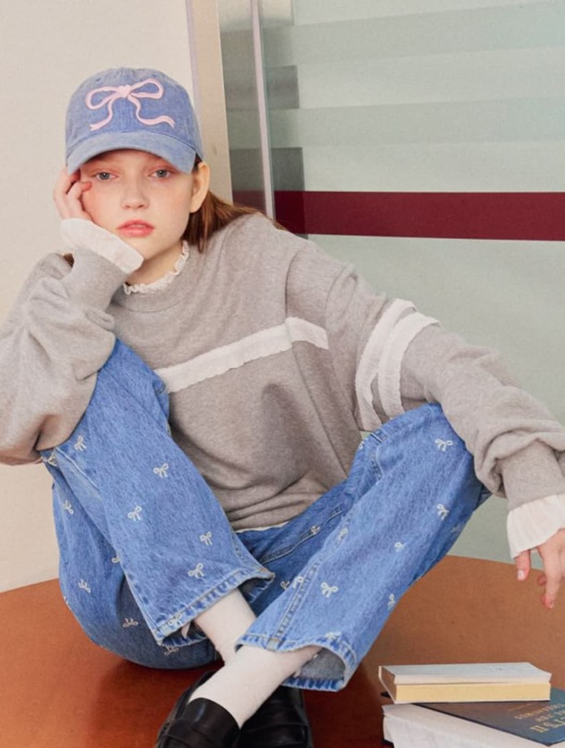 론론 RONRON 피그먼트 리본 자수 로고 볼캡 Q1290 상품이미지2