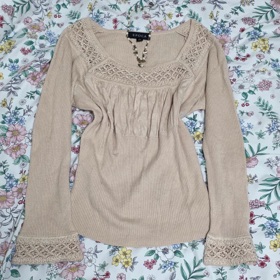 일본빈티지epoca)오트밀 하구미모리걸 로맨틱 딱붙니트골지짜임롱슬리브 상품이미지2