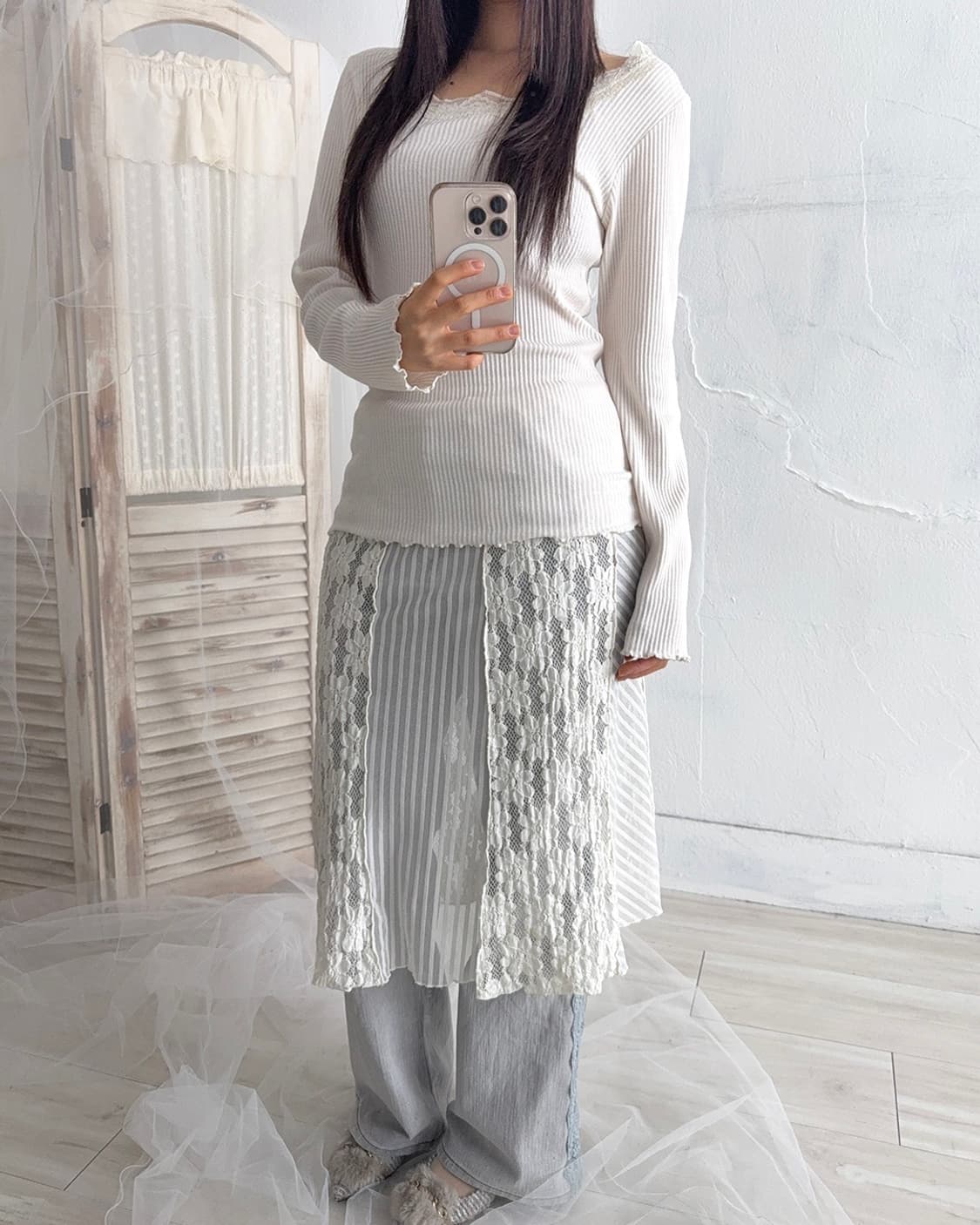 Ivory Lace Layering Midi Skirt 상품이미지4