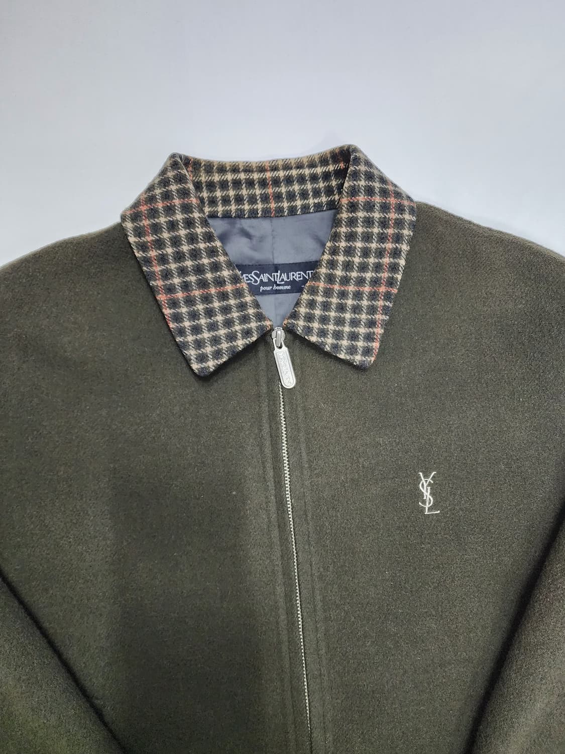 입생로랑 울 체크 카라 빈티지 카키 자켓 상품이미지3