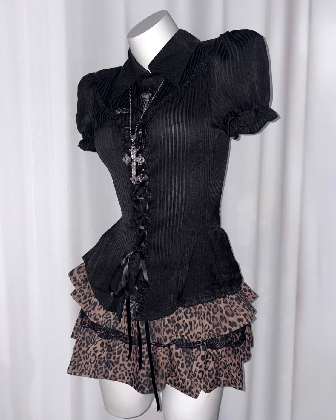 고딕 펑크 쿠로 갸루 프린세스 십자가 레이스 프릴 코르셋 셔츠 블라우스 상품이미지4