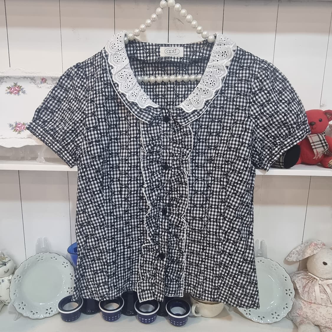 apti 레이스 깅엄체크 반팔 블라우스 상품이미지1