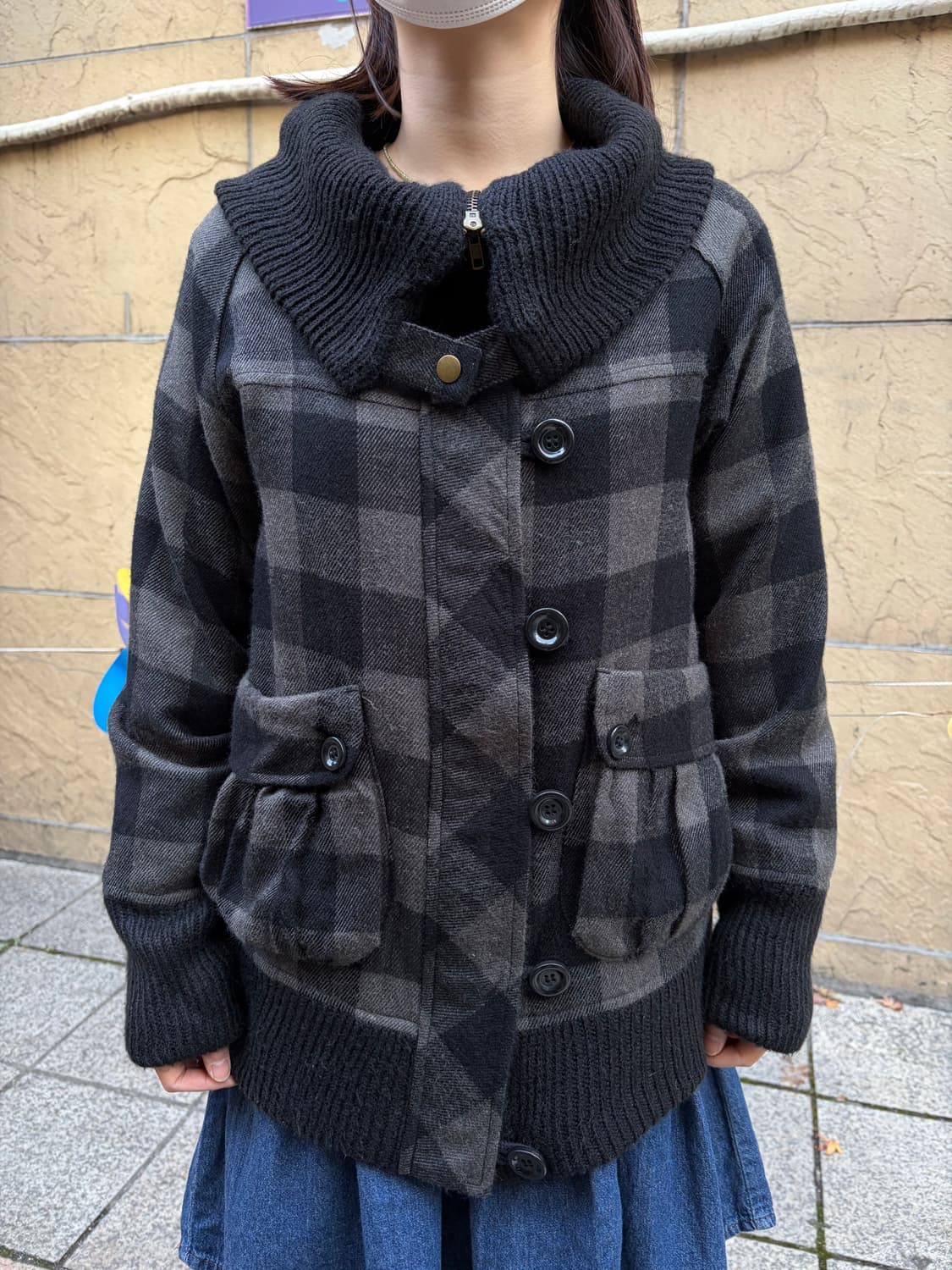 일본 빈티지 락펑크 빅카라 하이넥 체크 자켓 상품이미지1