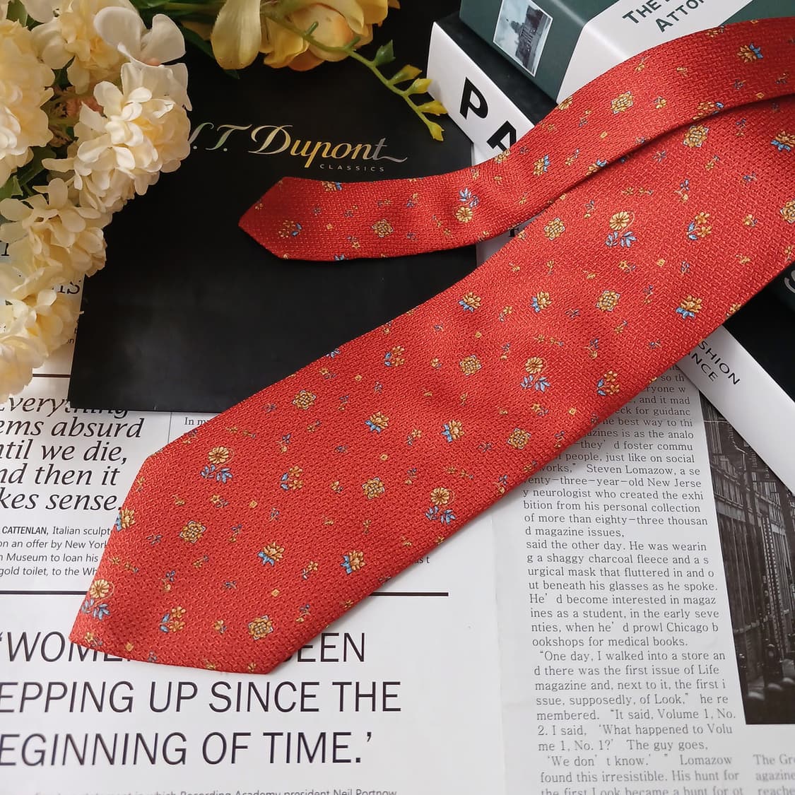 에스.티. 듀퐁 실크 오렌지 플라워 패턴 넥타이 9cm A등급 E883
 상품이미지4