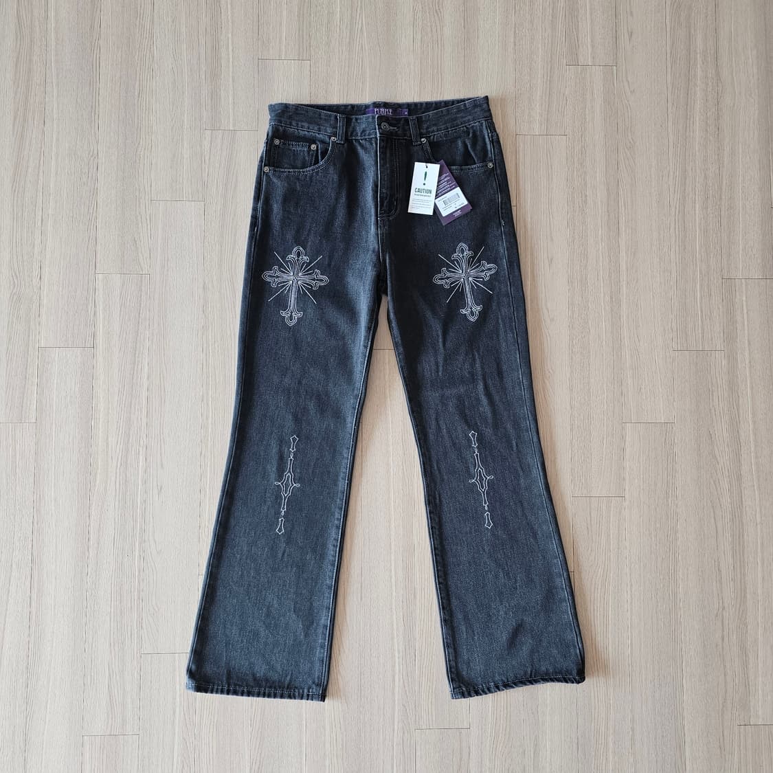 32 새제품) 비슬로우 세미 부츠컷 데님 블랙 웨스턴 청바지 고딕 자수 상품이미지2