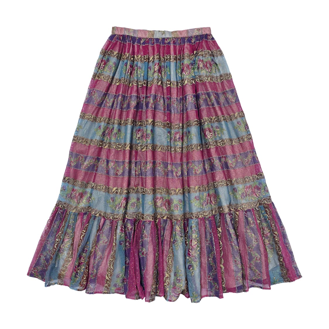 매쉬 장미 스트라이프 배색 프릴 롱스커트 상품이미지1