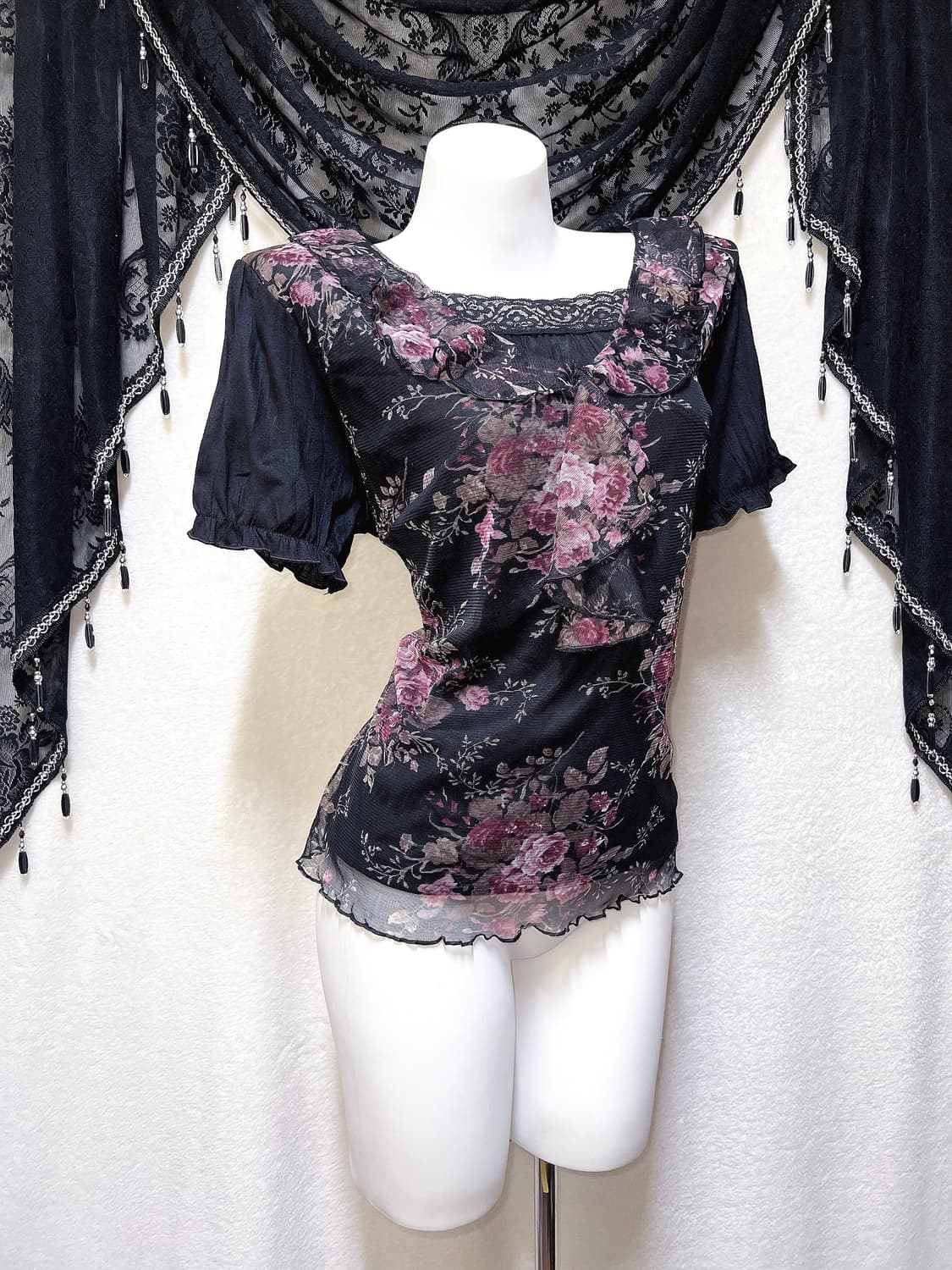 로맨틱고딕 오리엔탈 다크페어리 플라워 레이스 반팔탑 히메카지 갸루 핀터 상품이미지2