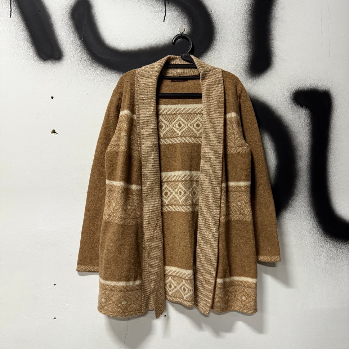 VTG 빈티지 100% 울 숄카라 에스닉 패턴 브라운 모리 롱 가디건 상품이미지1