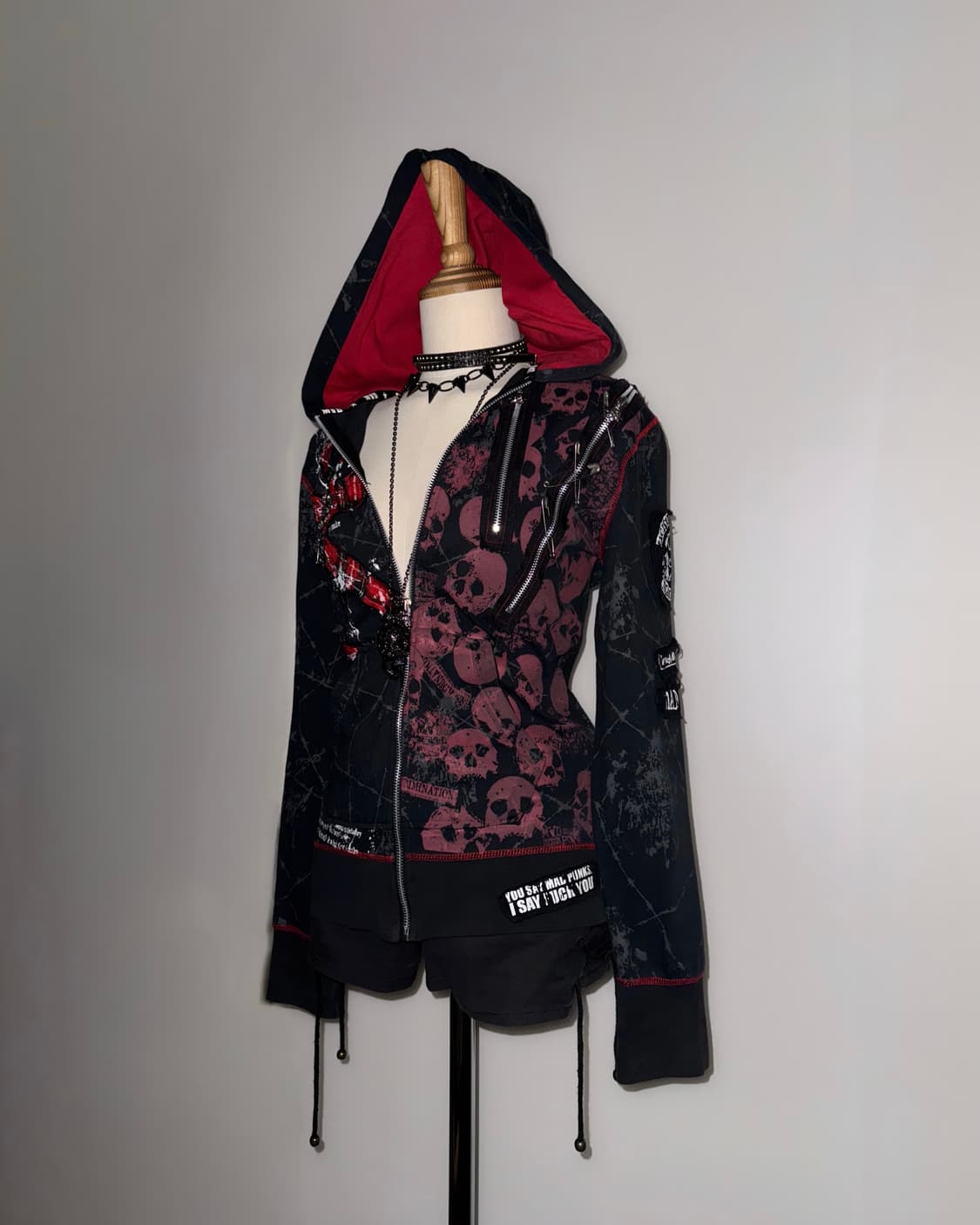 매드펑크 레드블랙 펑크 해골 후드집업 상품이미지2