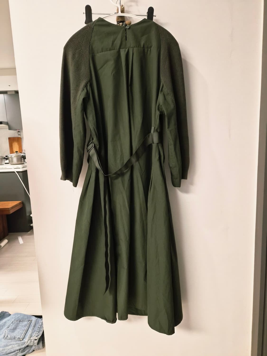 유니크한 카키 니트 레이어드 셔츠 롱 원피스 (S~M 추천) 상품이미지3