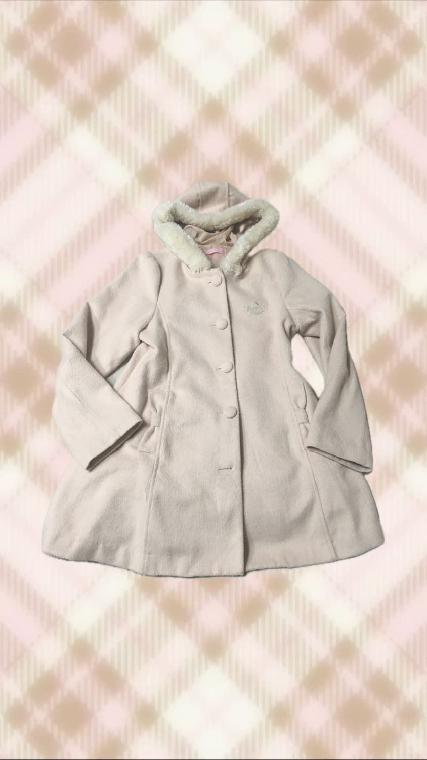 메조피아노 핑크 리본 퍼 후드 코트 라떼 히메 갸루 러블리 로걀 빈티지 상품이미지1