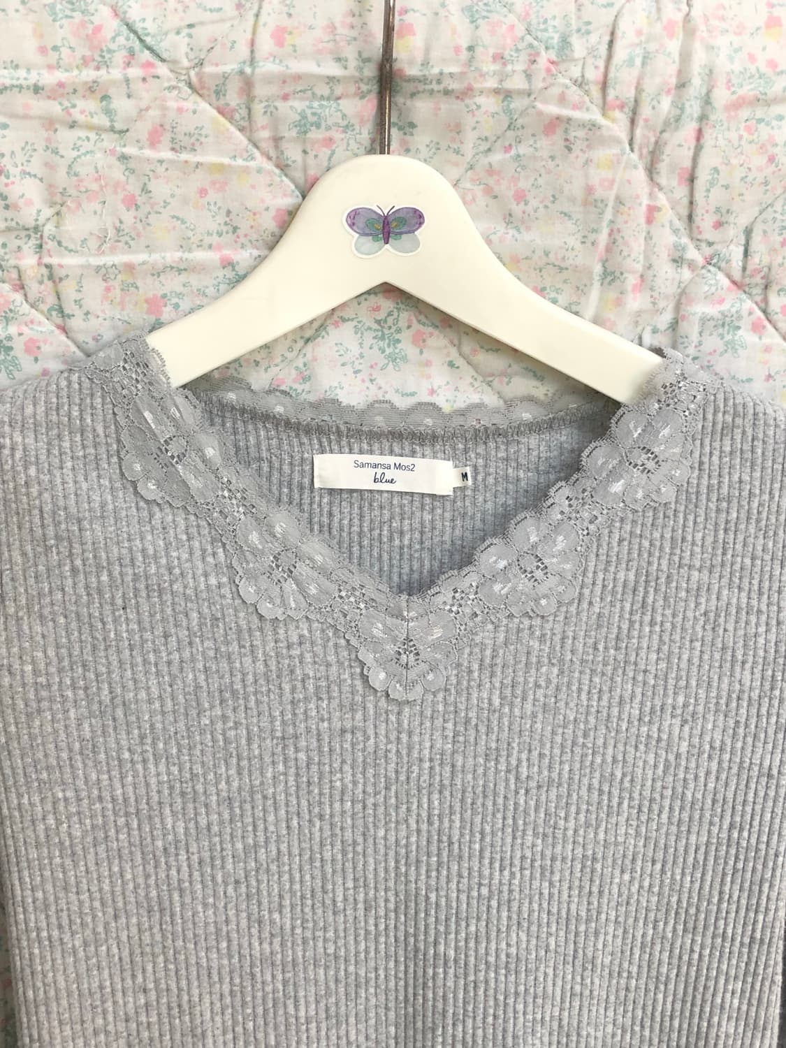 빈티지 레이스 브이넥 골지 긴팔티 상품이미지2