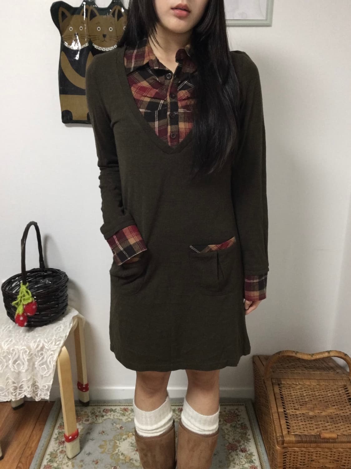 Check Shirt Layered Mini Dress 상품이미지2