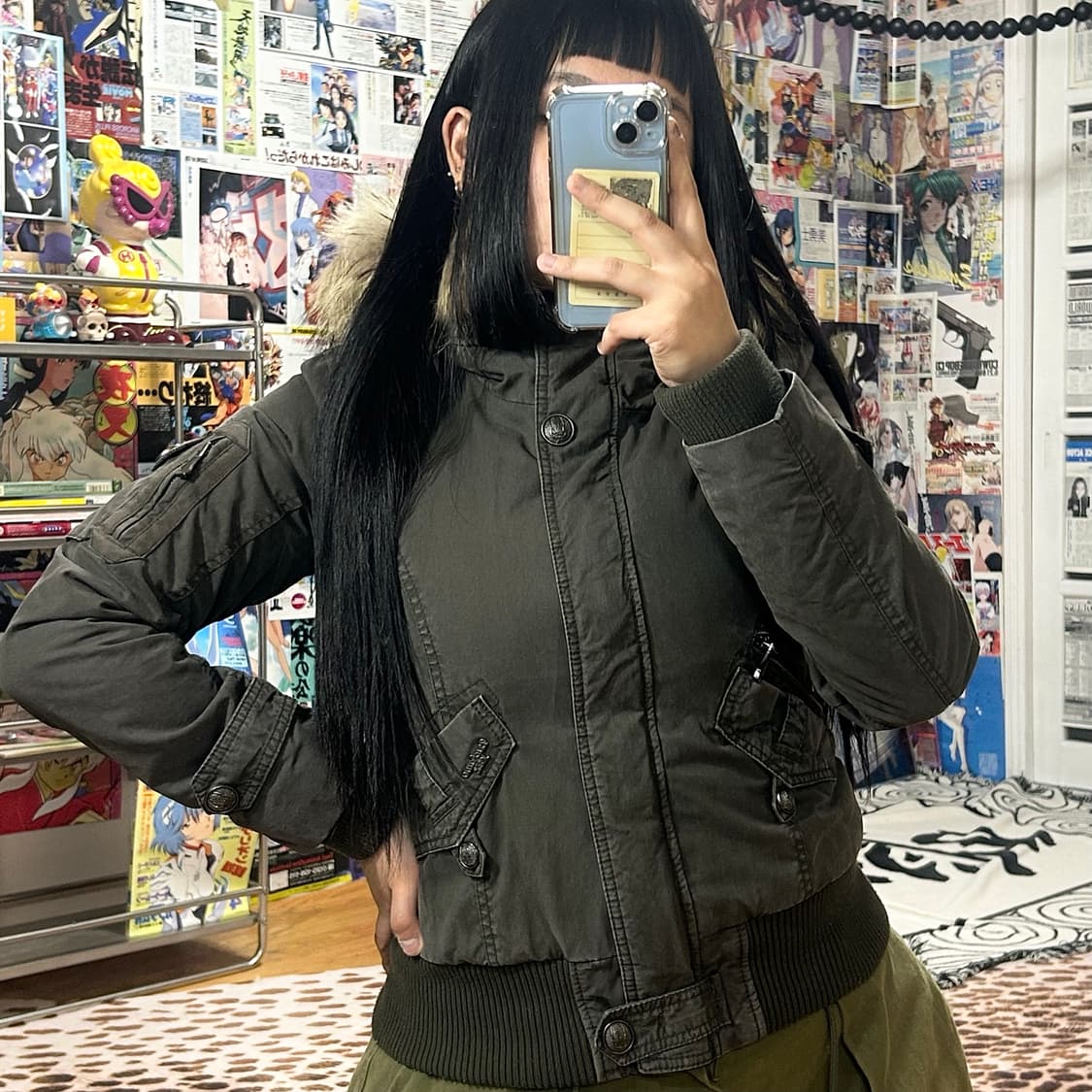 버커루 Y2K 카키 라쿤 퍼 패디드 점퍼 상품이미지1