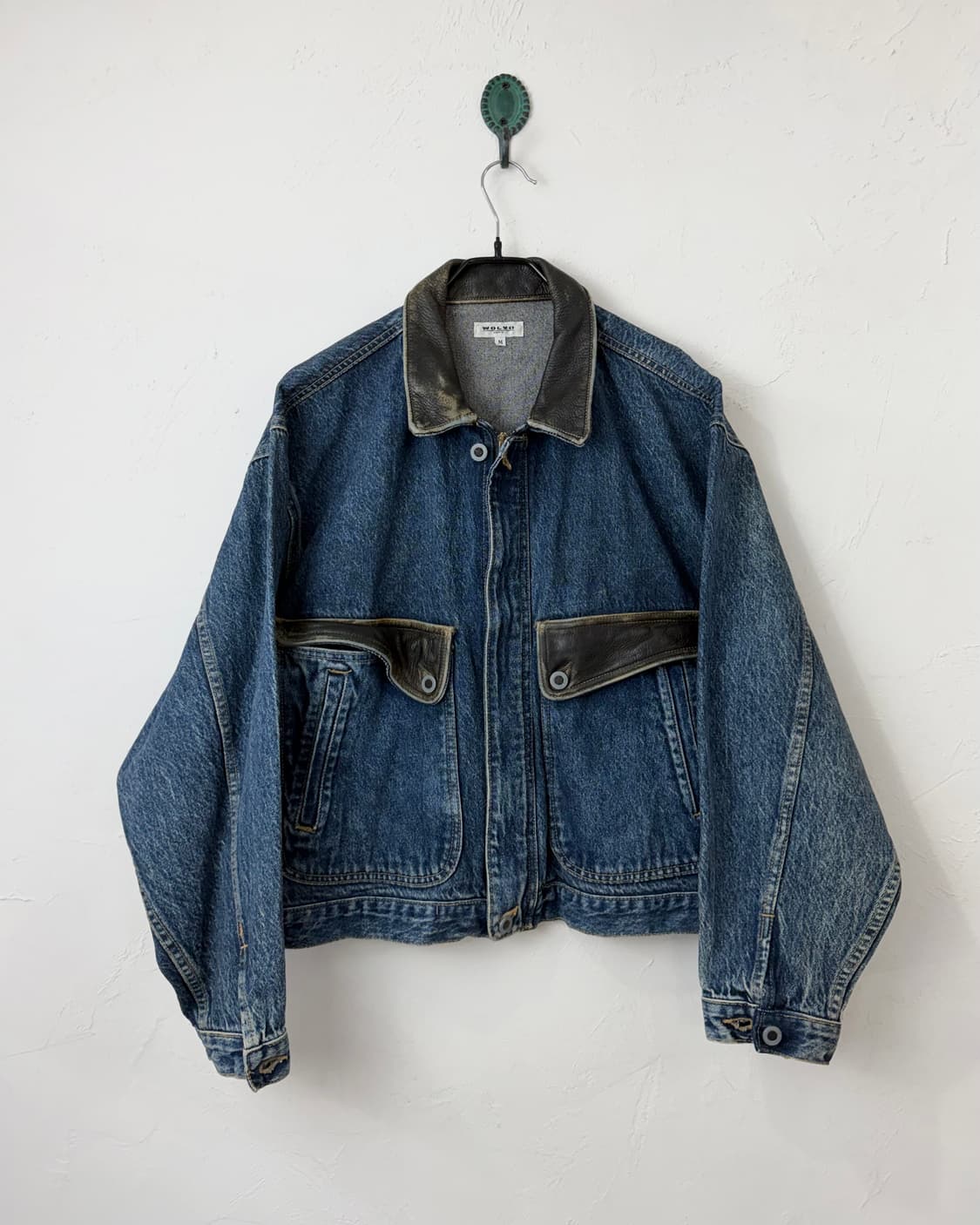 90s WOLVO 레더 믹스드 데님 봄버 상품이미지1