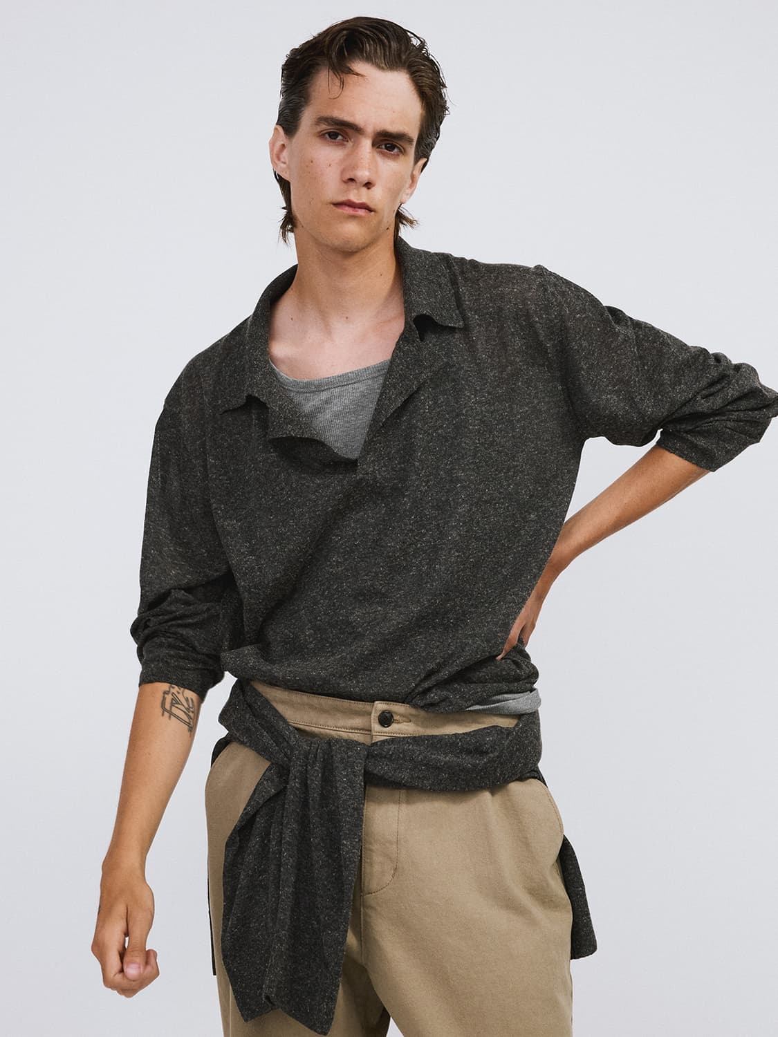 렉토 26SS 린넨 리넨 폴로 탑 카라 니트 차콜 그레이 상품이미지1