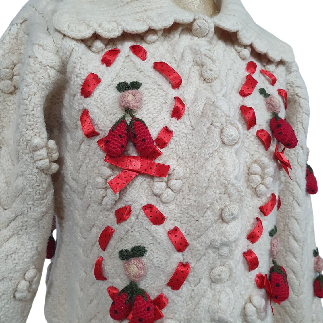 모리걸 페어리 지뢰계 히메갸루 딸기 리본 모티프 울 가디건 상품이미지3